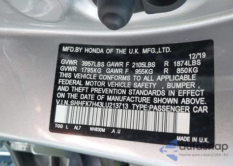 2020 Honda Civic Sport z USA, uszkodzony, nr VIN SHHFK7H43LU213713